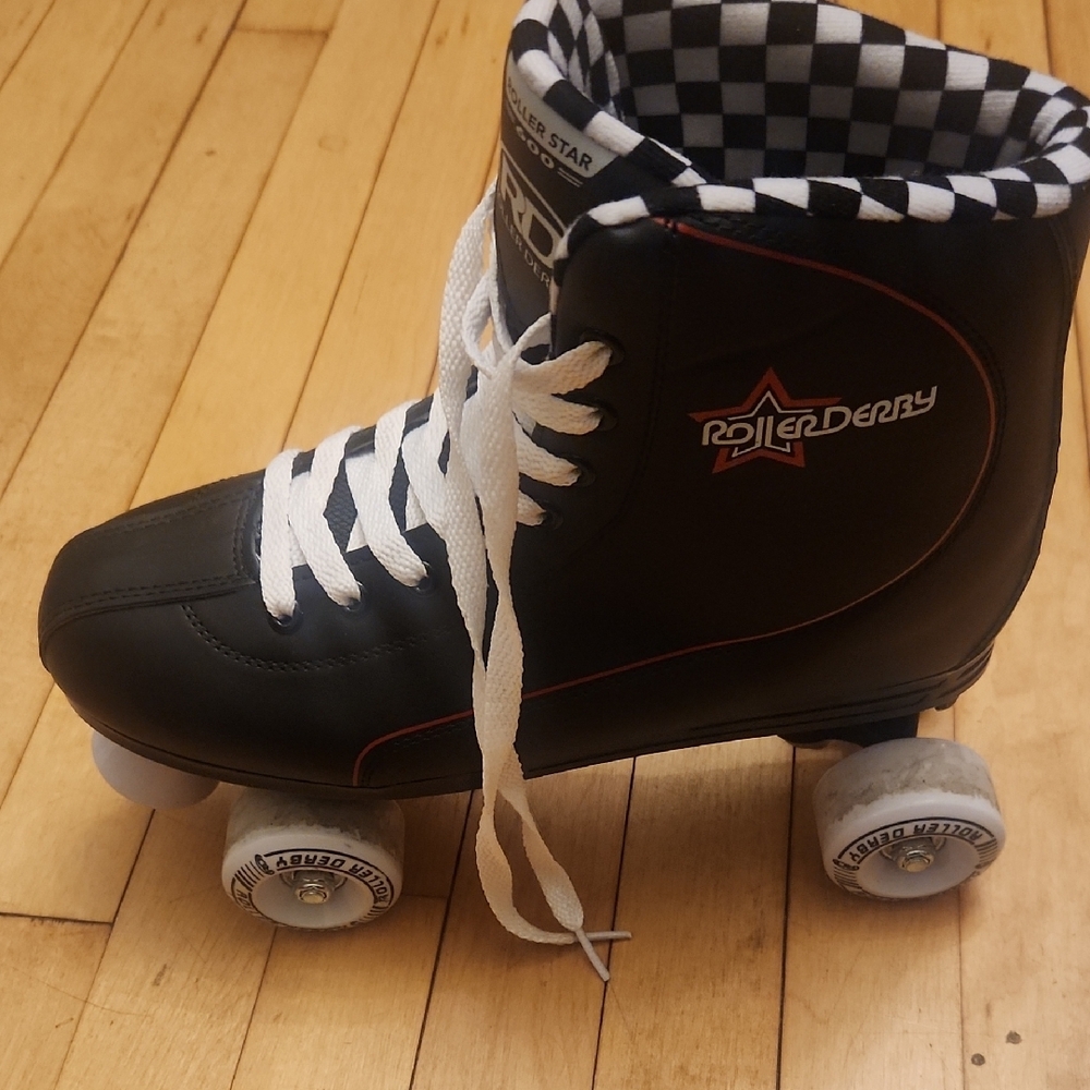 Black and White Checkered High-Top Roller Skates